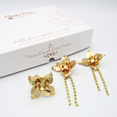 Set Aretes+Anillo Flor 4 Petalos visos dorado - Bambú Rosa Joyas y Accesorios