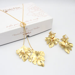 Set Aretes+Collar Hoja palmera dorado - Bambú Rosa Joyas y Accesorios