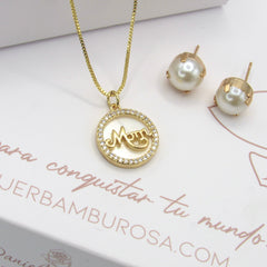 Set Collar y Aretes "Mom" Nacar Dorado