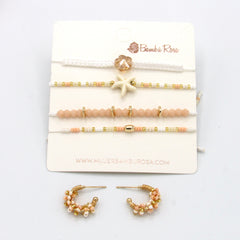 Set De Pulseras X4 Y Candongas Esencial Beige-Rosa