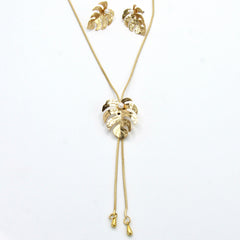 Set Collar Corbatin Y Aretes Hoja Balazo Perla Dorado