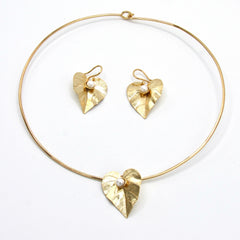 Set Collar Aro Y Aretes Ganchos Hoja Anturio Perla Dorado