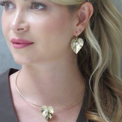 Set Collar Aro Y Aretes Ganchos Hoja Anturio Perla Dorado