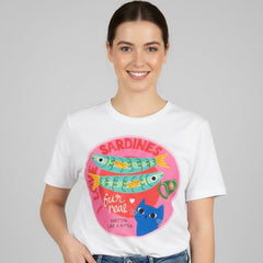 Camiseta manga corta blanca estampada gato peces - Bambú Rosa Joyas y Accesorios