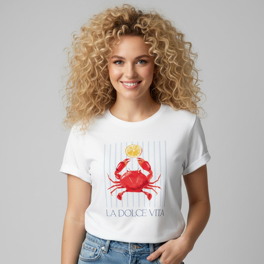 Camiseta manga corta blanca estampada cangrejo rayas - Bambú Rosa Joyas y Accesorios