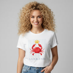 Camiseta manga corta blanca estampada cangrejo rayas - Bambú Rosa Joyas y Accesorios