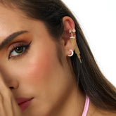 Set Earcuff x3 Moño, Luna y Cristal Cadenas Dorado
