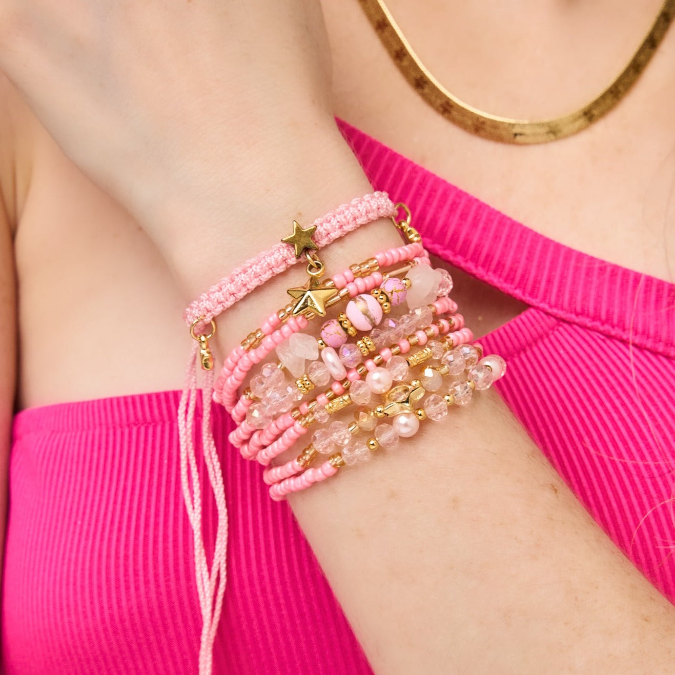 Set De Pulseras en Chaquiras Rosado Primavera - Bambú Rosa Joyas y Accesorios