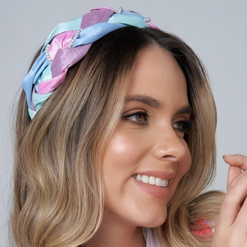 Diadema Perlas Tejido Trenza Pastel - Bambú Rosa Joyas y Accesorios