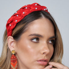 Diadema Perlas Trenzada Roja - Bambú Rosa Joyas y Accesorios