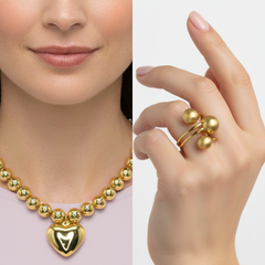 Set Collar y anillo Esferas Y Corazon Maxi Dorado