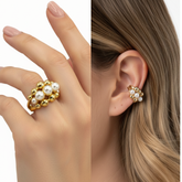Set Anillo y Ear cuff orejera Maxi Balines Y Perlas Dorado