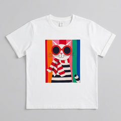 Camiseta manga corta blanca estampada gato rallas - Bambú Rosa Joyas y Accesorios