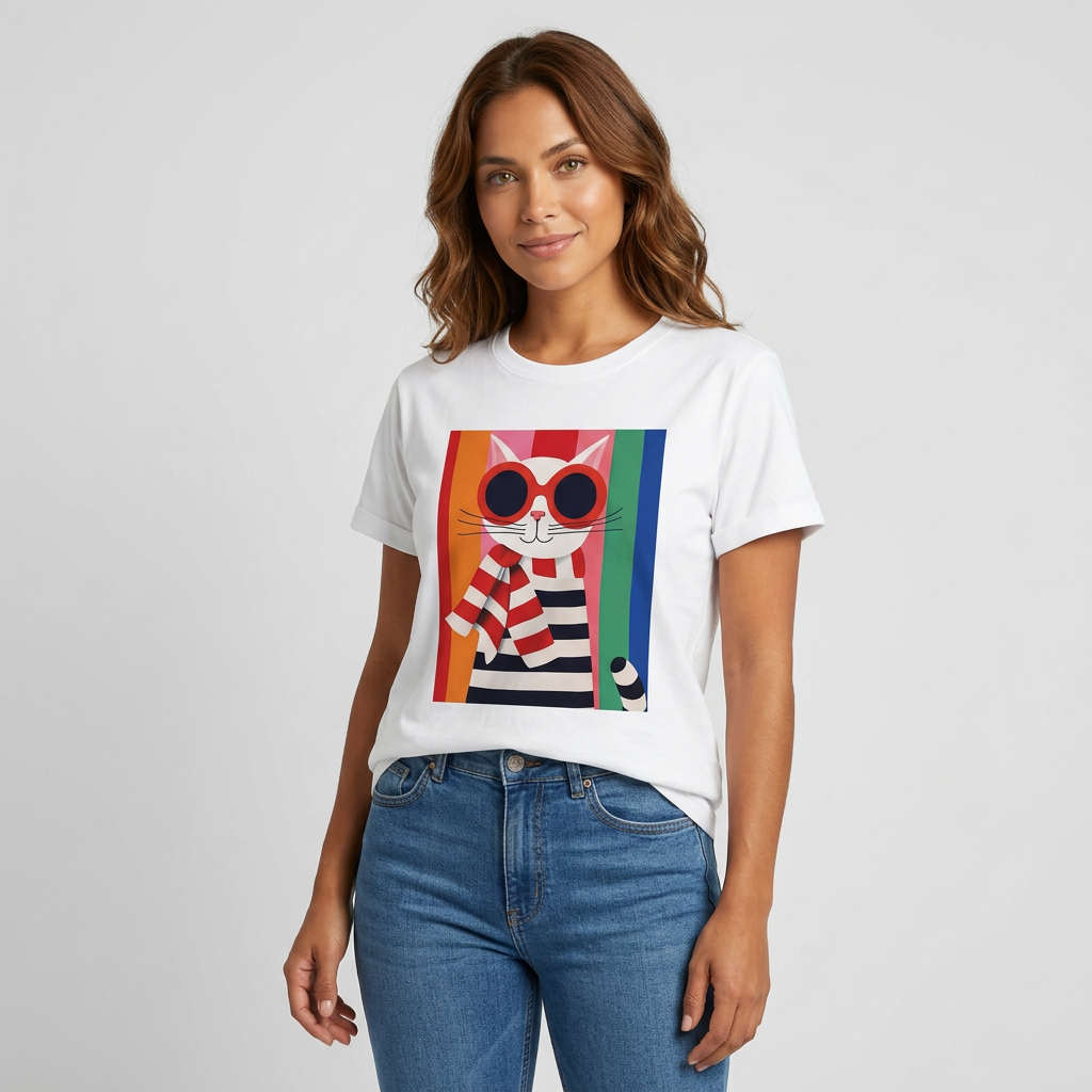 Camiseta manga corta blanca estampada gato rallas - Bambú Rosa Joyas y Accesorios