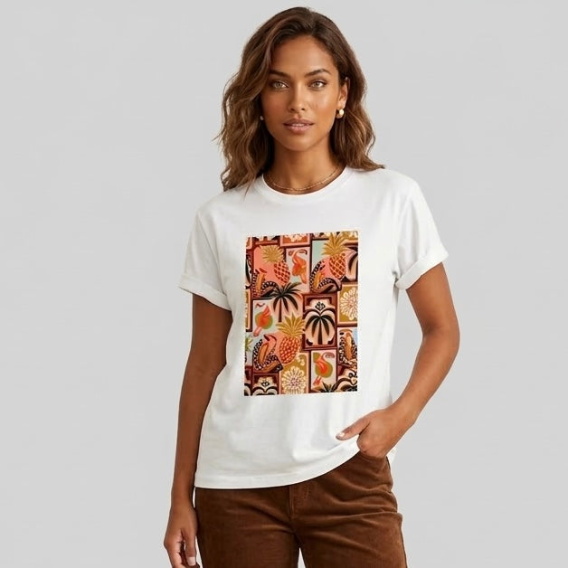 Camiseta manga corta blanca estampada playa - Bambú Rosa Joyas y Accesorios