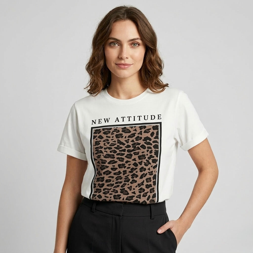 Camiseta manga corta blanca estampada animal print leopardo - Bambú Rosa Joyas y Accesorios