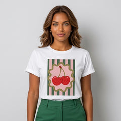 Camiseta manga corta blanca estampada cerezas - Bambú Rosa Joyas y Accesorios