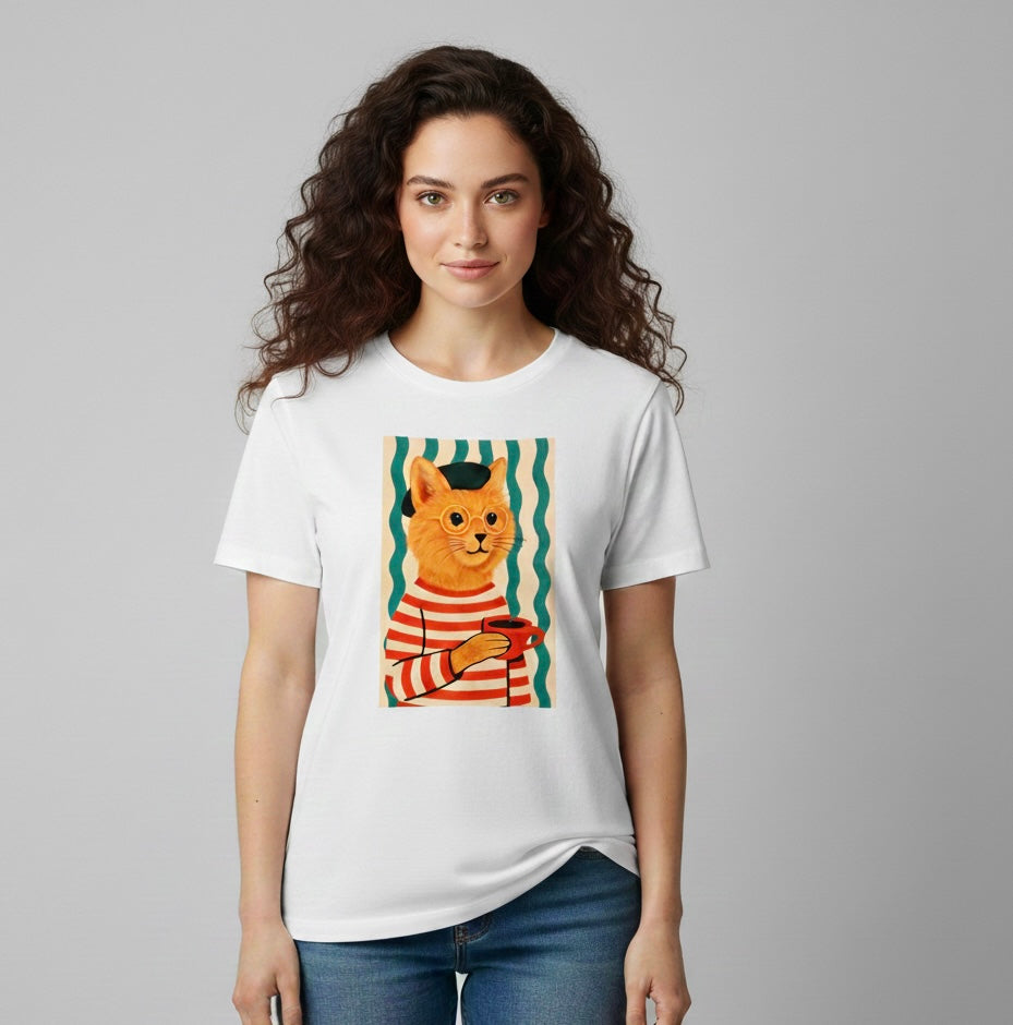 Camiseta manga corta estampada gato rayas - Bambú Rosa Joyas y Accesorios