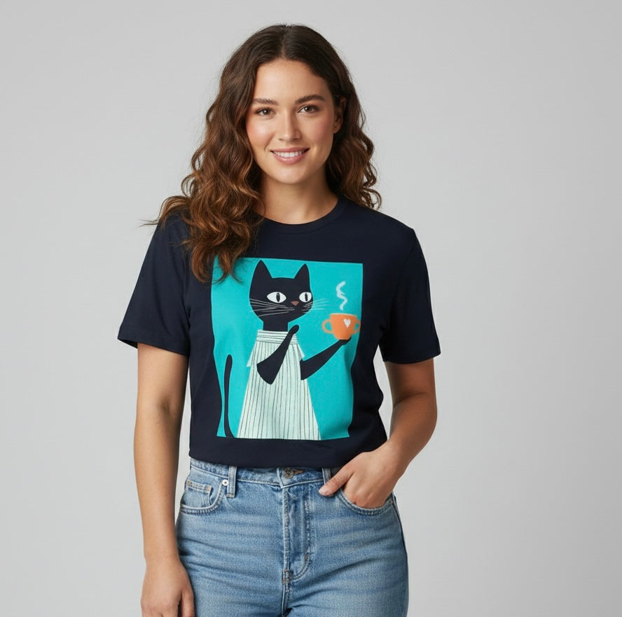 Camiseta manga corta negra estampada gato - Bambú Rosa Joyas y Accesorios
