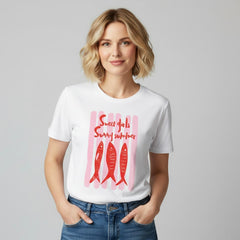 Camiseta manga corta blanca estampada peces rayas rosa - Bambú Rosa Joyas y Accesorios