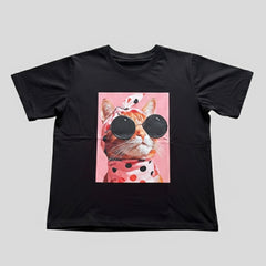 Camiseta manga corta negra estampada gato rosado - Bambú Rosa Joyas y Accesorios