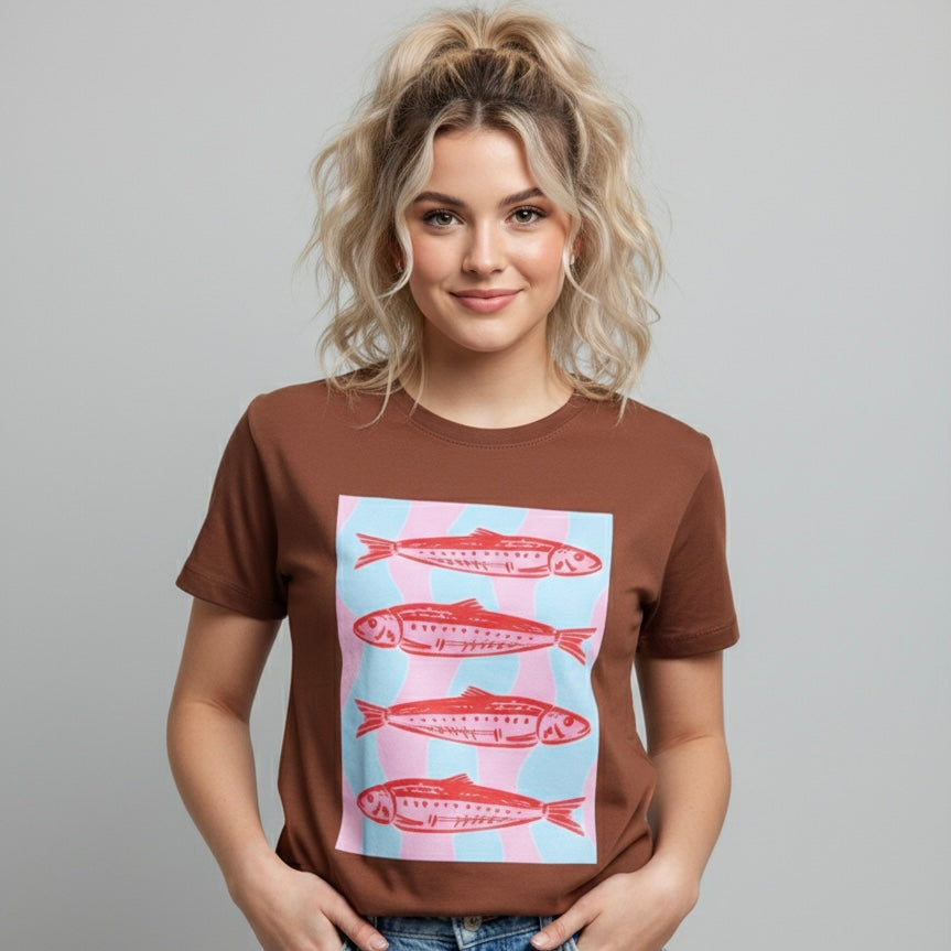 Camiseta manga corta cafe estampada peces - Bambú Rosa Joyas y Accesorios