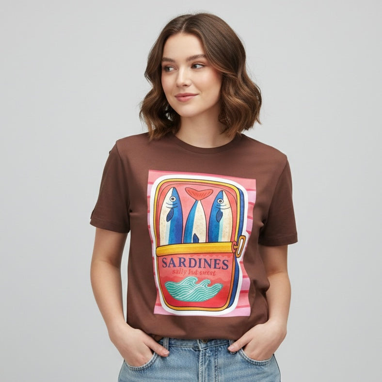 Camiseta manga corta cafe estampada sardinas - Bambú Rosa Joyas y Accesorios