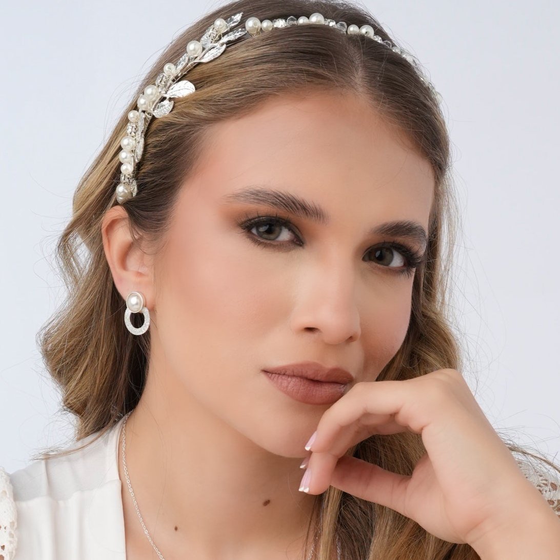 Diadema Perlas Cristal Botánica Plateada - Bambú Rosa Joyas y Accesorios