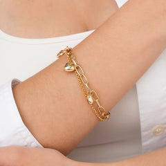 Pulsera Doble Cadena Corazones Dorada