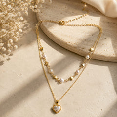 Collar Doble Cadenas Corazón Perla Dorado Florecer - Bambú Rosa Joyas y Accesorios