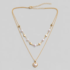 Collar Doble Cadenas Corazón Perla Dorado Florecer - Bambú Rosa Joyas y Accesorios