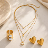 Set Arete Collar y Anillo Perlas Dorado