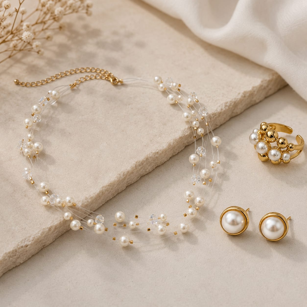 Set Arete Collar y Anillo Perlas Entorchadas Dorado - Bambú Rosa Joyas y Accesorios