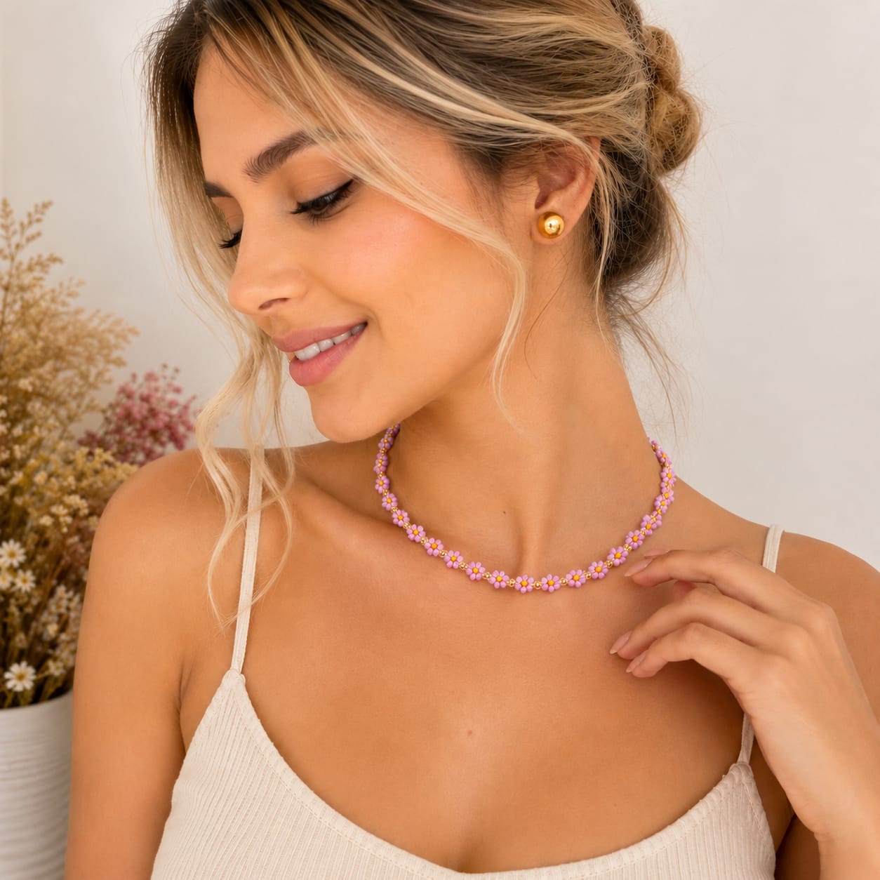 Collar Choker Mostacilla Flores Colores Pasteles Aura - Bambú Rosa Joyas y Accesorios