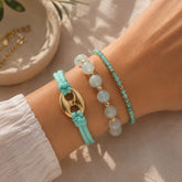 Set Pulsera X 3 Dorada Tejida Turquesa Mar y Arena