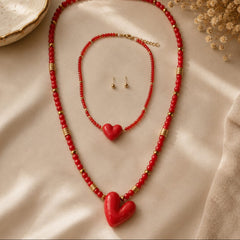Set Collar y Topo Cadena Doble Rojo en Cristales y Perla Dorado Aura