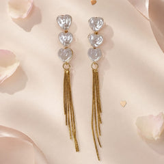 Aretes Maxi Corazón Triple Perla con Cadenas Dorado Amaré