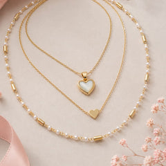 Collar Triple Corazón Turquesa y Perlas Dorado Amaré