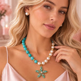 Set Collar Y Topo Perla Flor Tejida Y Piedras Naturales Amore