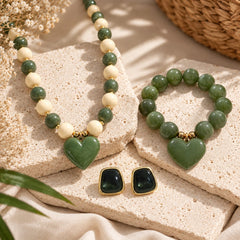 Set Collar Arete y Pulsera Verde Piedras Abaco Dorado
