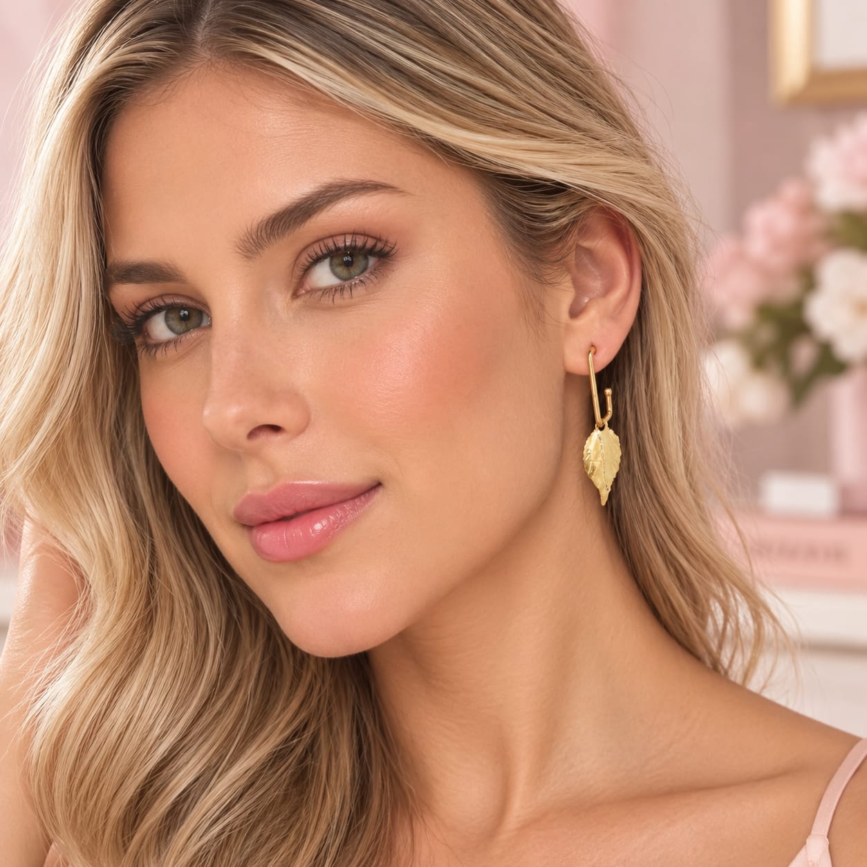 Aretes Candongas Cuadradas Hoja Doradas Musa - Bambú Rosa Joyas y Accesorios