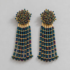 Arete Capullo Largos Tejidos en Mostacilla Azul Visos Dorado Creer - Bambú Rosa Joyas y Accesorios
