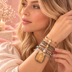 Set Pulseras x 7 Dije San Benito Plateada Tejida Creer