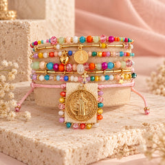Set Pulseras x 7 Dije San Benito Multicolor Tejida Creer