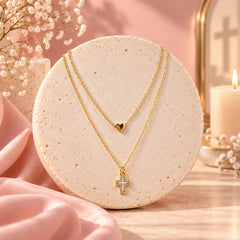 Collar Doble Cadena Cruz Cristal Dorado Creer