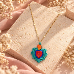 Collar Cadena Dije Sagrado Corazón Azul Dorado Creer