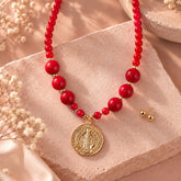 Set Topo Balin Y Collar Abaco Rojo con Dije San Benito Dorado Creer