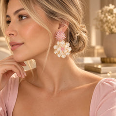 Aretes Maxi Flor Nácar Tejido Cristal Rosado Esplendor