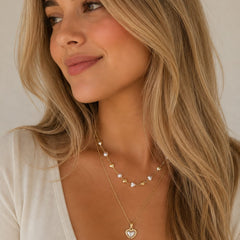 Collar Doble Cadenas Corazón Perla Dorado Florecer - Bambú Rosa Joyas y Accesorios