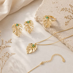 Set Arete Collar Y Anillo Esmeralda Dorado - Bambú Rosa Joyas y Accesorios
